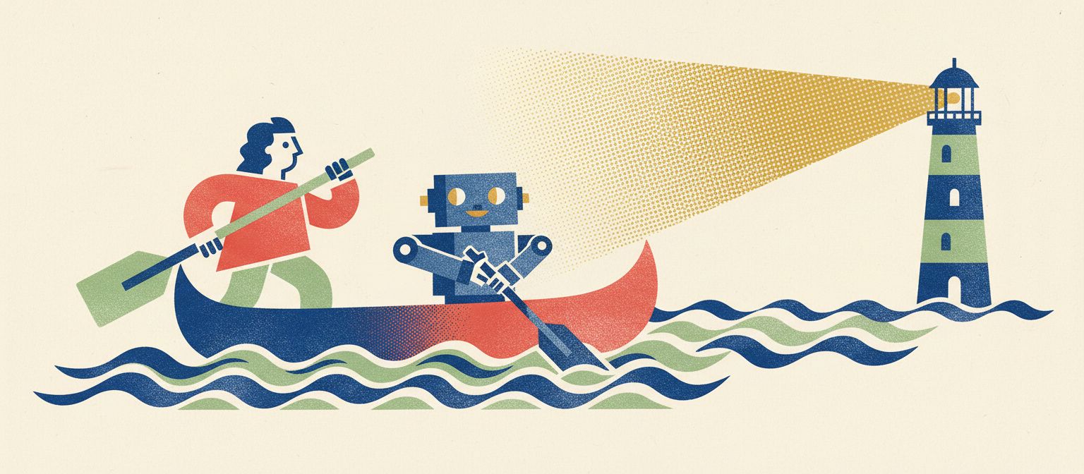 A small figure and a friendly boxy robot paddling one canoe together, a lighthouse beam ahead
