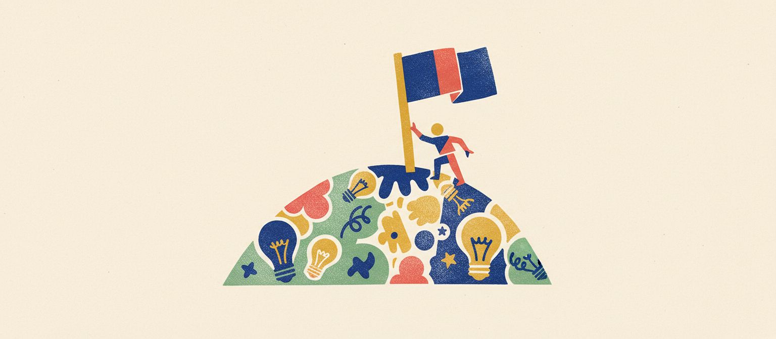 A cheerful flag planted on a small hill of idea doodles