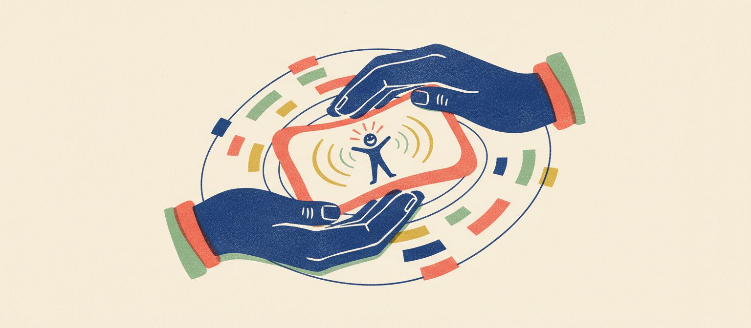 Gentle hands shaping an interface around a small delighted person