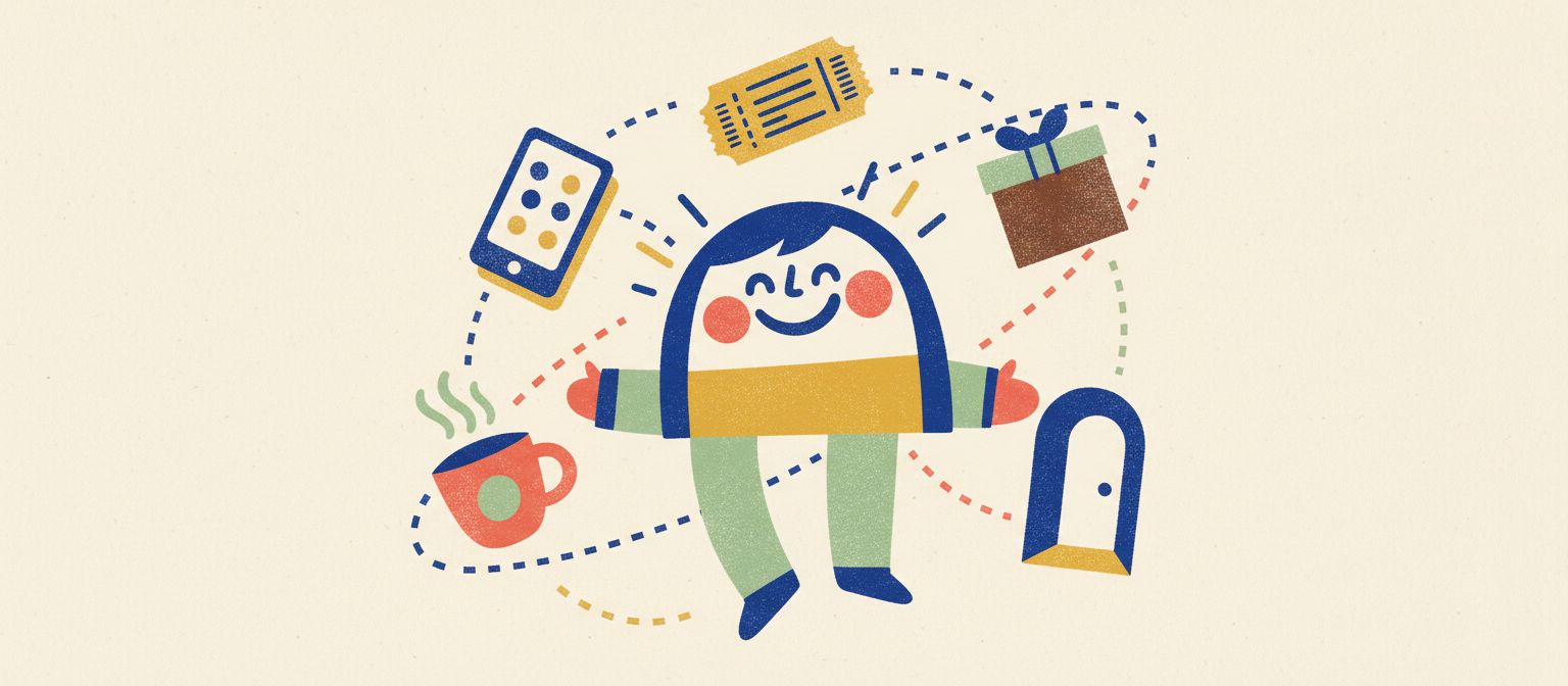 A happy figure orbited by everyday touchpoints — a phone, a cup, a ticket, a package